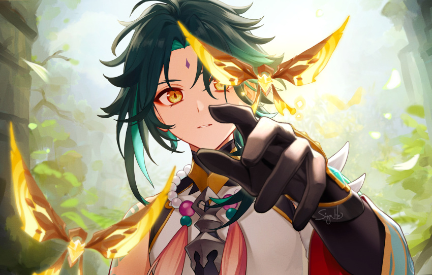 1boy, bead_necklace, beads, black_gloves, blurry, crystalfly_(genshin_impact), dark_green_hair, depth_of_field