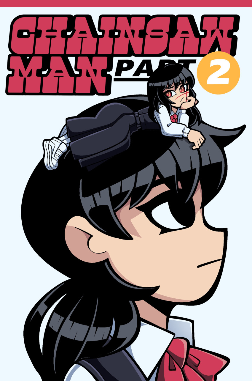 2girls, absurdres, black_eyes, black_hair, bryan_lee_o'malley_(style), chainsaw_man, commentary, copyright_name