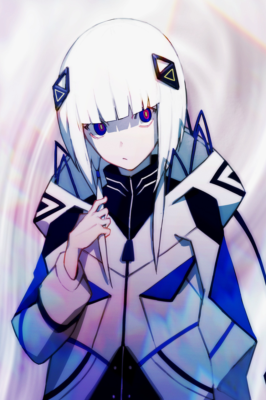 1girl, :/, absurdres, black_shirt, blue_eyes, blue_jacket, blunt_bangs, cevio