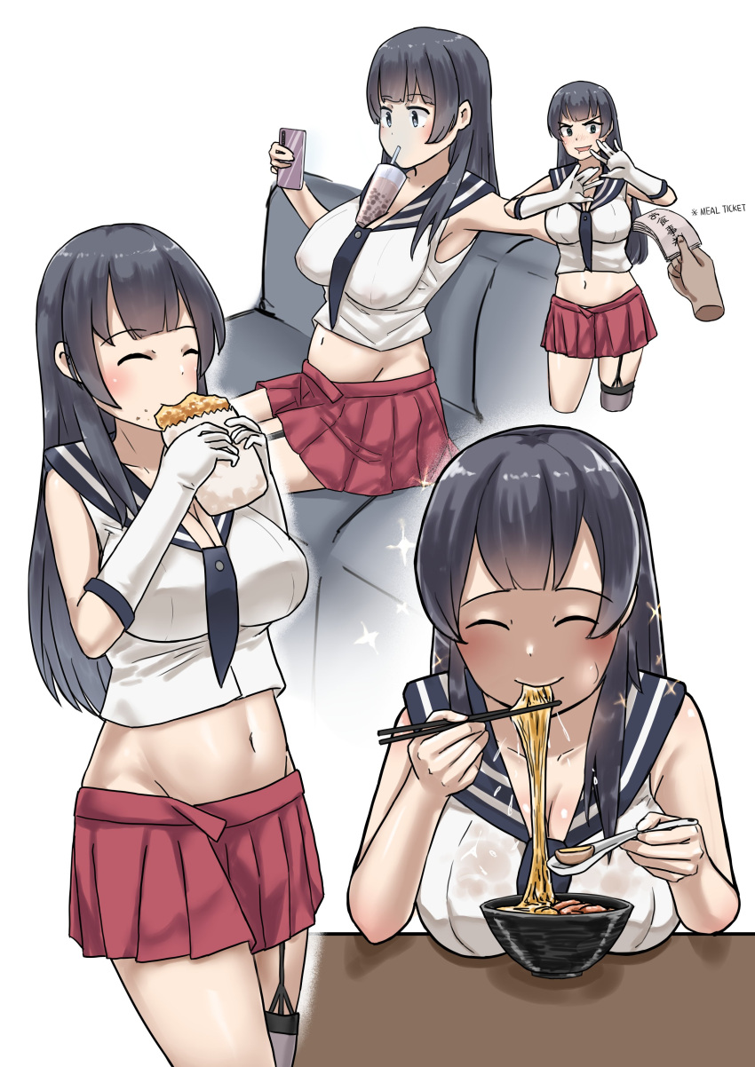 absurdres, agano_(kancolle), black_hair, breast_rest, breasts, breasts_on_table, bubble_tea_challenge, cellphone