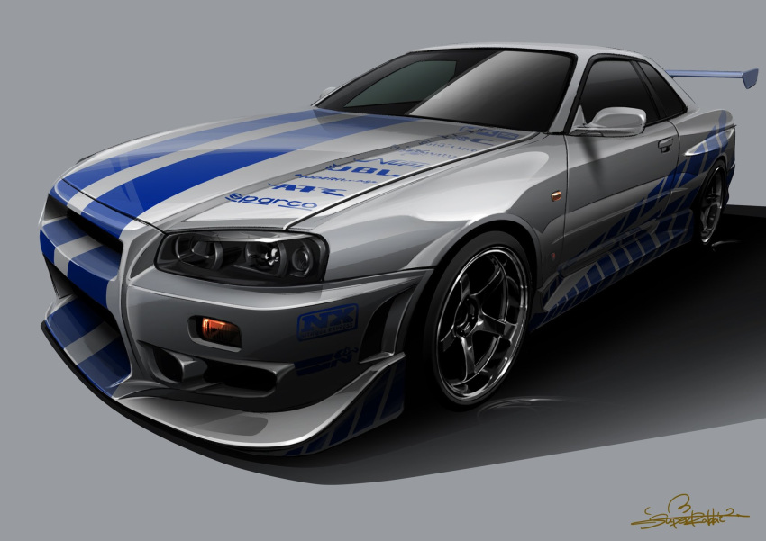 2_fast_2_furious, car, grey_background, highres, motor_vehicle, nissan_skyline, nissan_skyline_gt-r, nissan_skyline_r34, no_humans, shadow, signature, spoiler_(automobile), the_fast_and_the_furious, tsu-chan, vehicle_focus