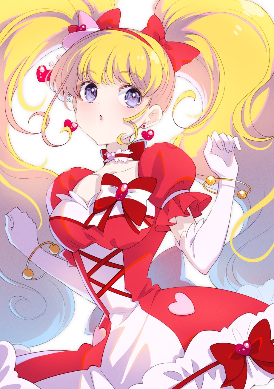 :o, blonde_hair, bow, bracelet, breasts, choker, cure_miracle, cure_miracle_(ruby_style), dress, earrings, elbow_gloves, gloves, hat, hat_ornament, heart, heart_earrings, heart_hat_ornament, highres, jewelry, magical_girl, mahou_girls_precure!, medium_breasts, mini_hat, mini_witch_hat, osarutukamaeru, pink_headwear, precure, red_bow, red_dress, striped, striped_bow, twintails, violet_eyes, white_gloves, witch_hat