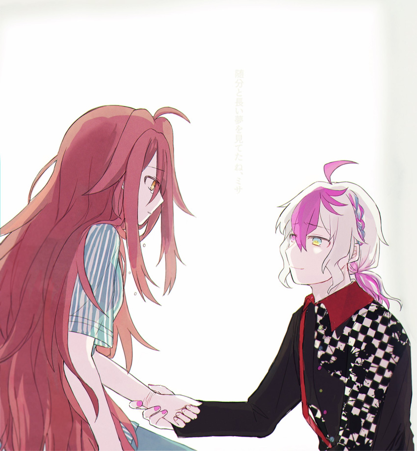 1boy, 1girl, ahoge, bakara_(19083210), black_jacket, checkered_clothes, checkered_jacket, closed_mouth