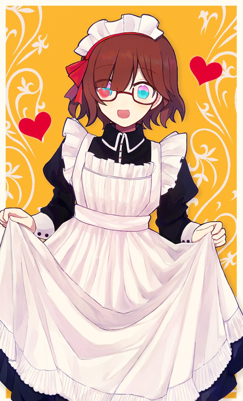 1girl, bakara_(19083210), blue_eyes, border, brown_hair, glasses, heart, highres
