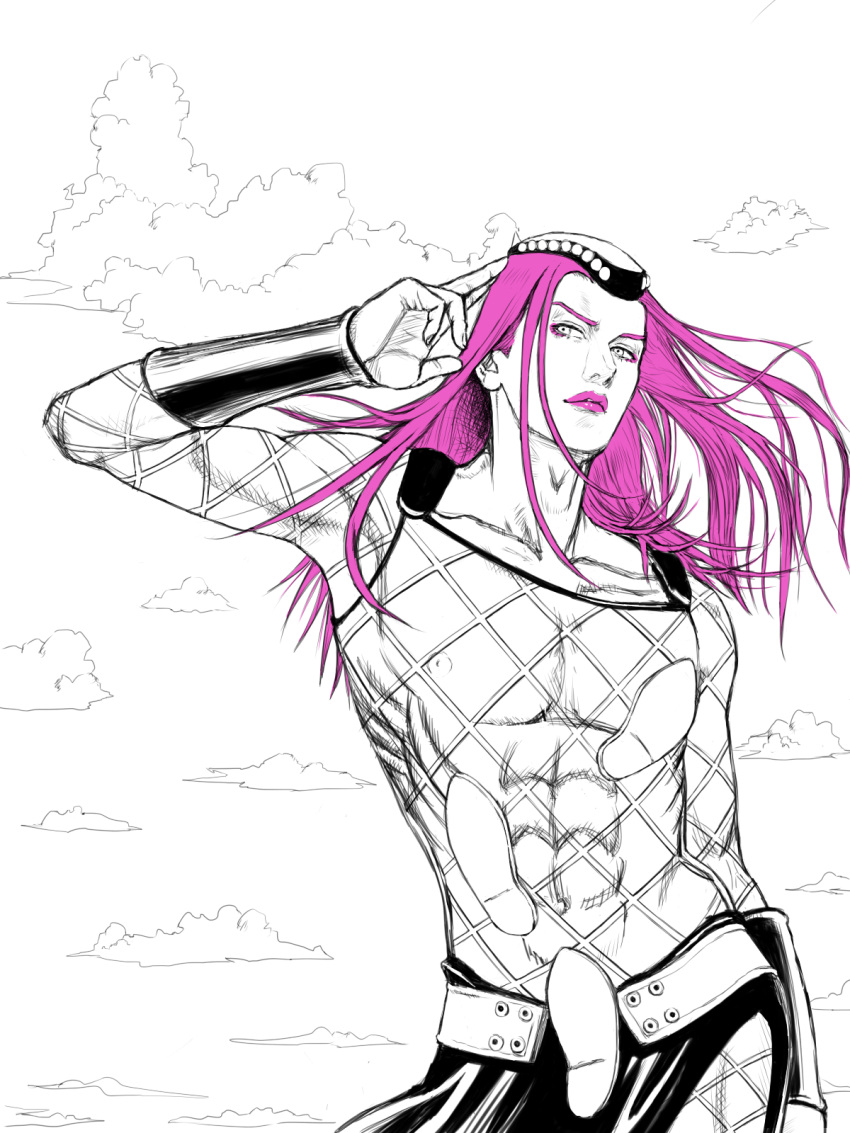 1boy, abs, clouds, cloudy_sky, eyeshadow, fishnet_top, fishnets, hand_in_own_hair, hat, highres, jojo_no_kimyou_na_bouken, keiimajima02, long_hair, makeup, male_focus, messy_hair, miniskirt, narciso_anasui, nipples, partially_colored, pink_eyeshadow, pink_hair, pink_lips, revealing_clothes, skirt, sky, solo, stone_ocean, toned