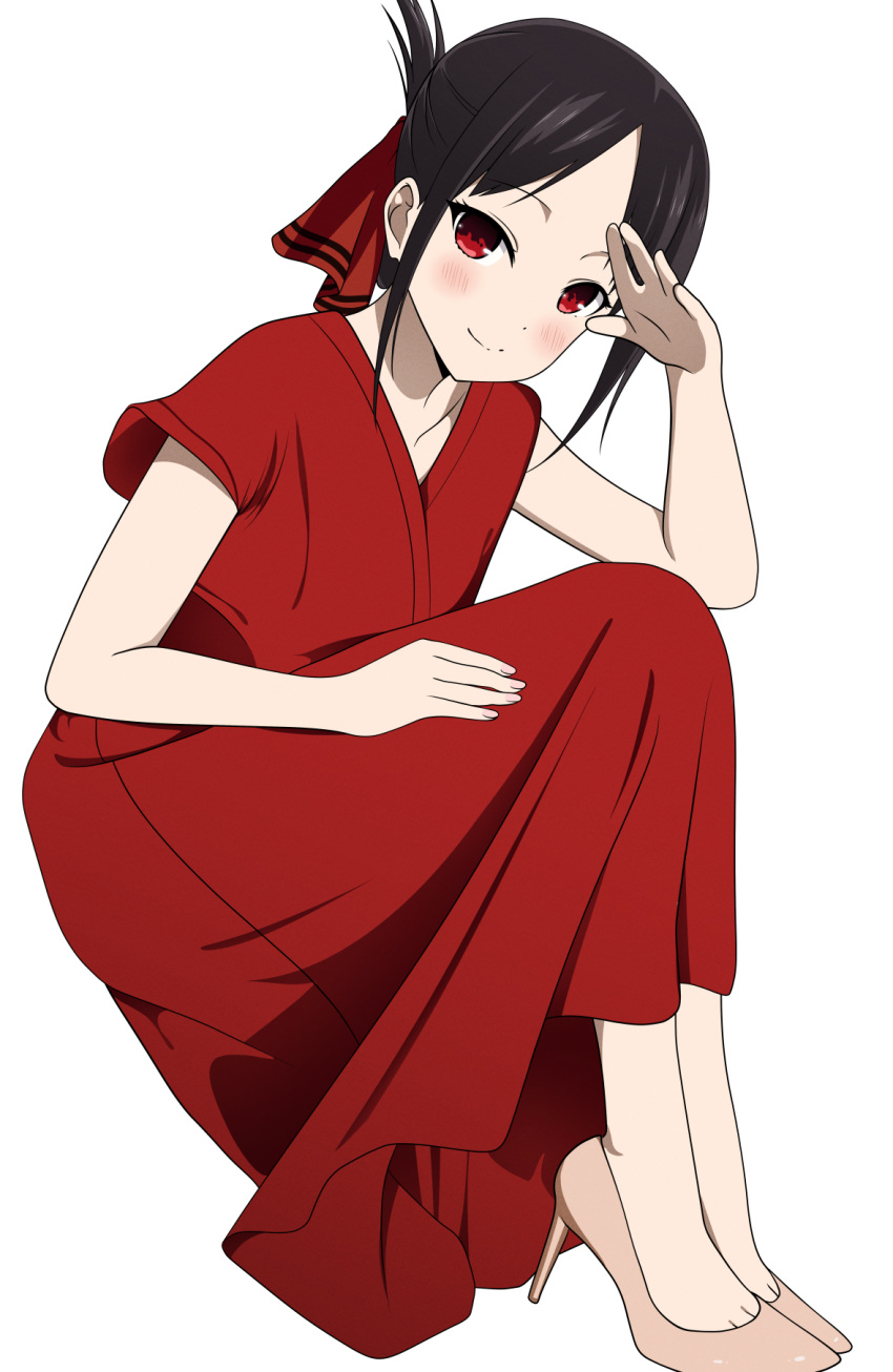 1girl, black_hair, blush, closed_mouth, commentary, coro_fae, dress, fingernails