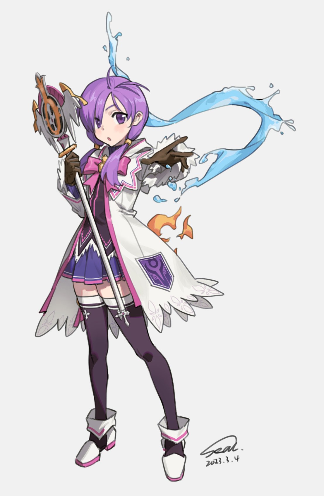 1girl, 2023, :o, airseal, aisha_landar, antenna_hair, black_thighhighs, bow