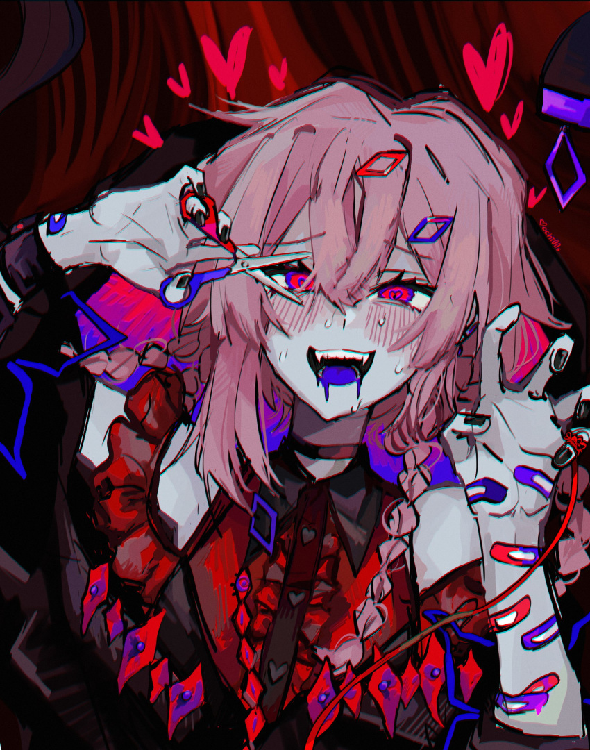 1girl, absurdres, arm_up, bare_shoulders, black_nails, blue_eyes, blue_tongue, blush