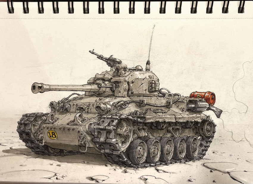 caterpillar_tracks, gas_can, highres, marker_(medium), michal_kus, military, military_vehicle, motor_vehicle