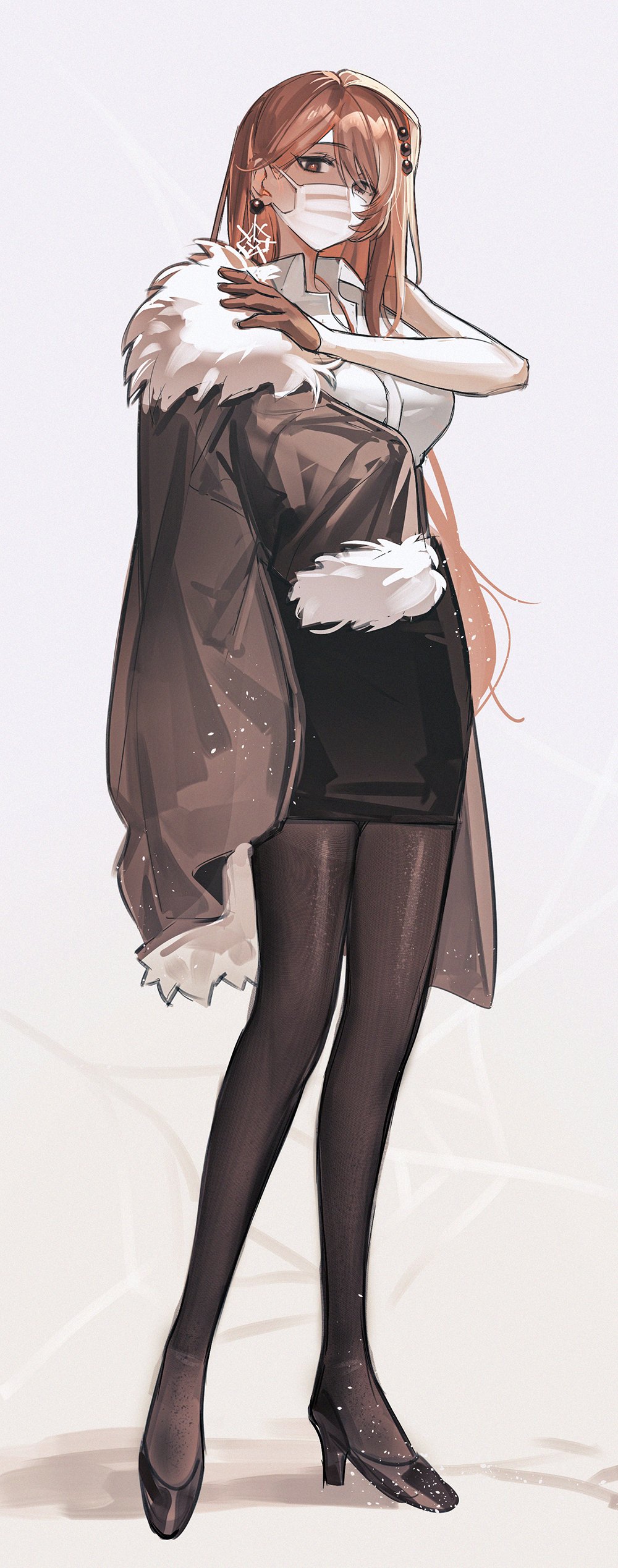 1girl, absurdres, alchemy_stars, bare_arms, black_footwear, black_pantyhose, black_skirt, brown_background