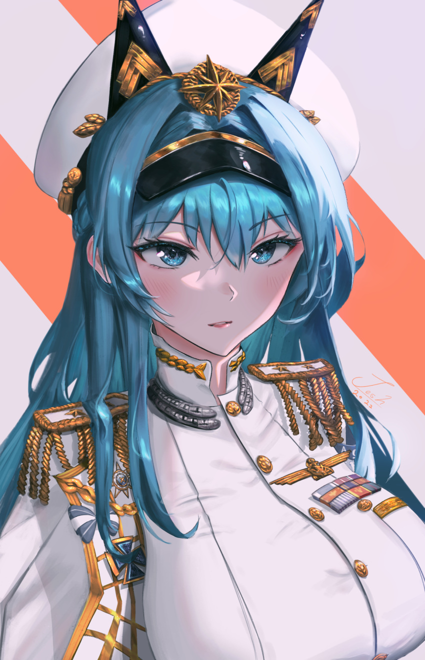 1girl, absurdres, aqua_hair, blue_eyes, breasts, epaulettes, goddess_of_victory:_nikke, hat