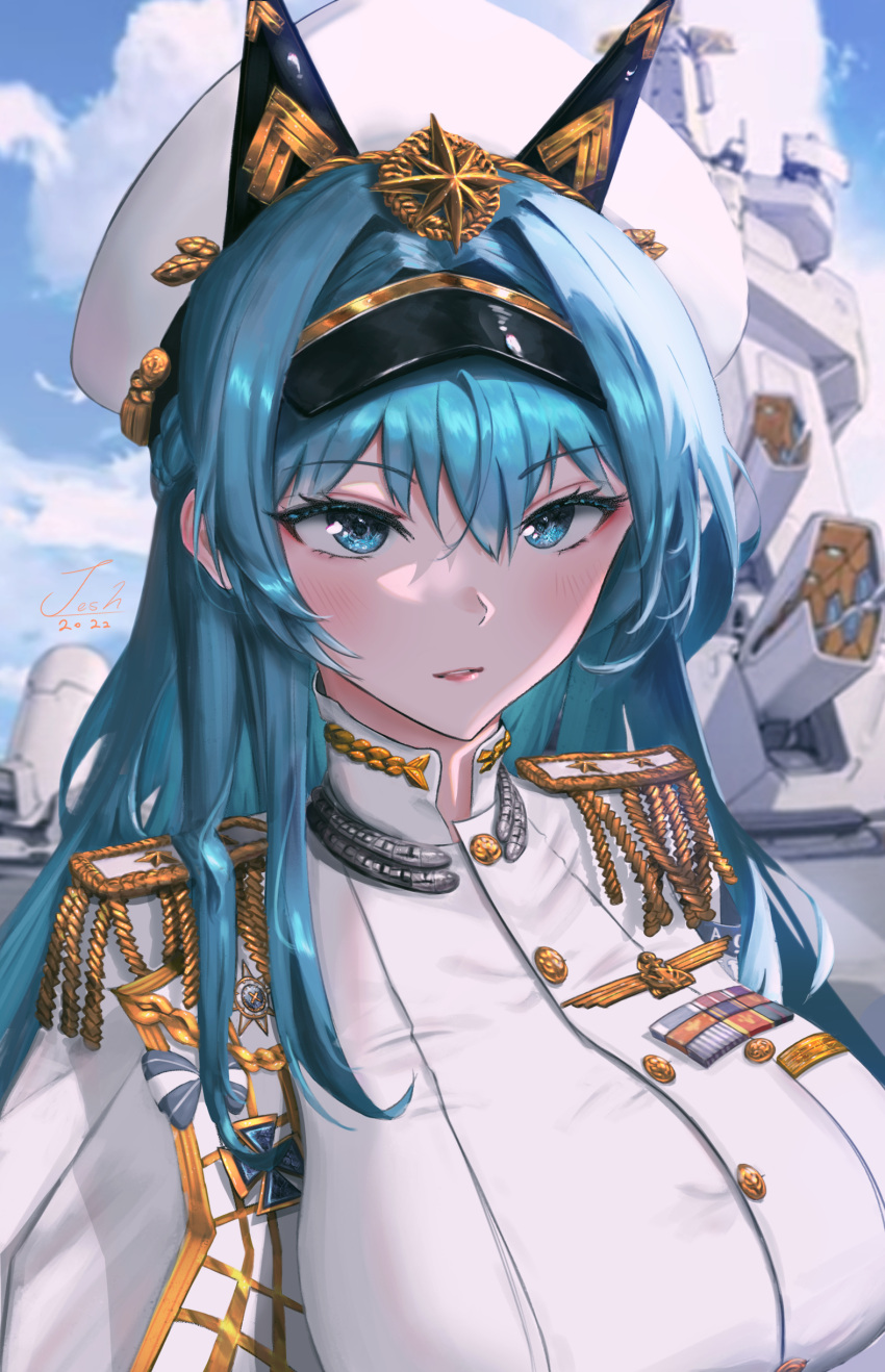 1girl, absurdres, aqua_hair, blue_eyes, blue_sky, breasts, epaulettes, goddess_of_victory:_nikke