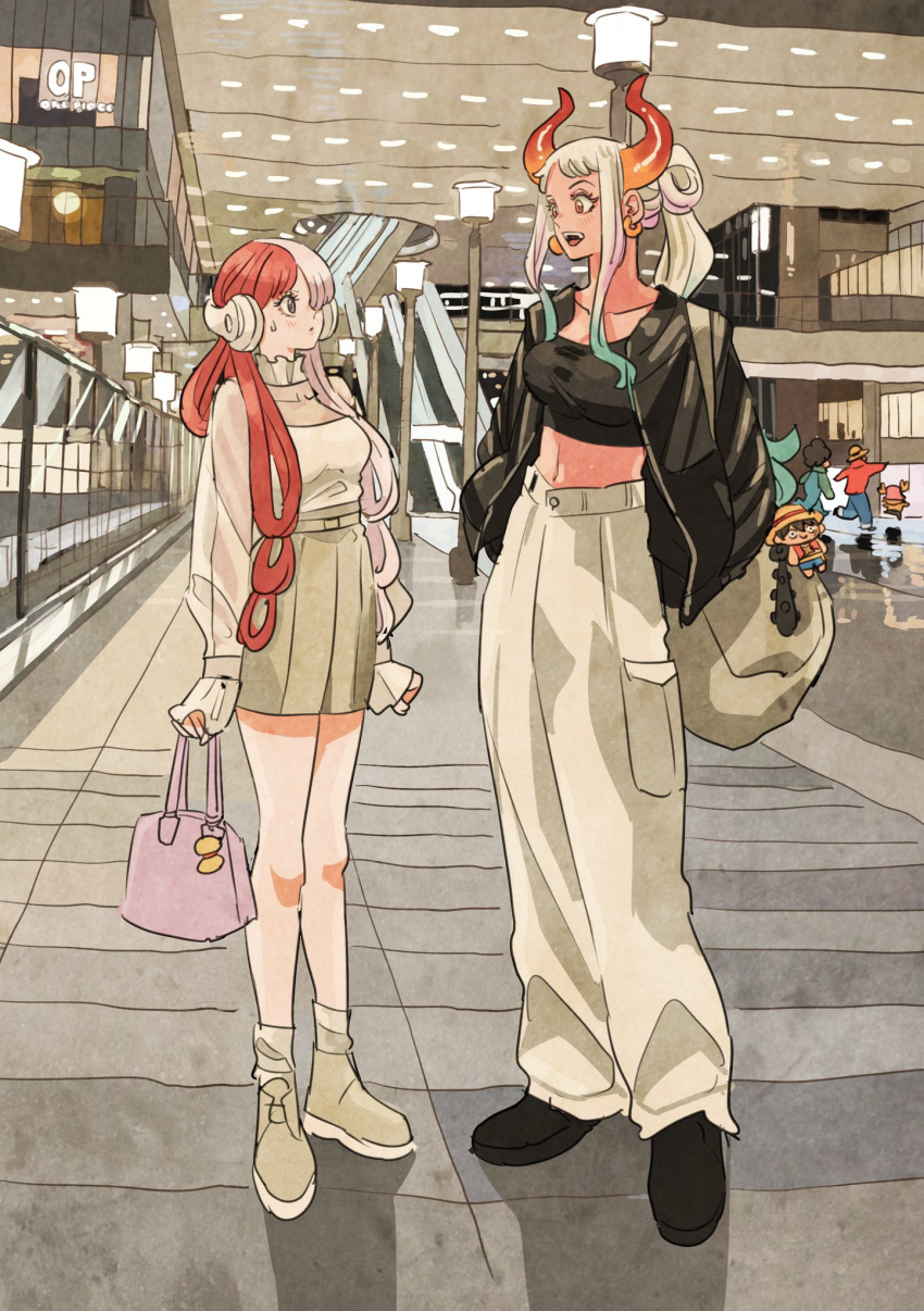 2girls, 3boys, alternate_costume, alternate_hairstyle, aqua_hair, asymmetrical_hair, bag, black_footwear