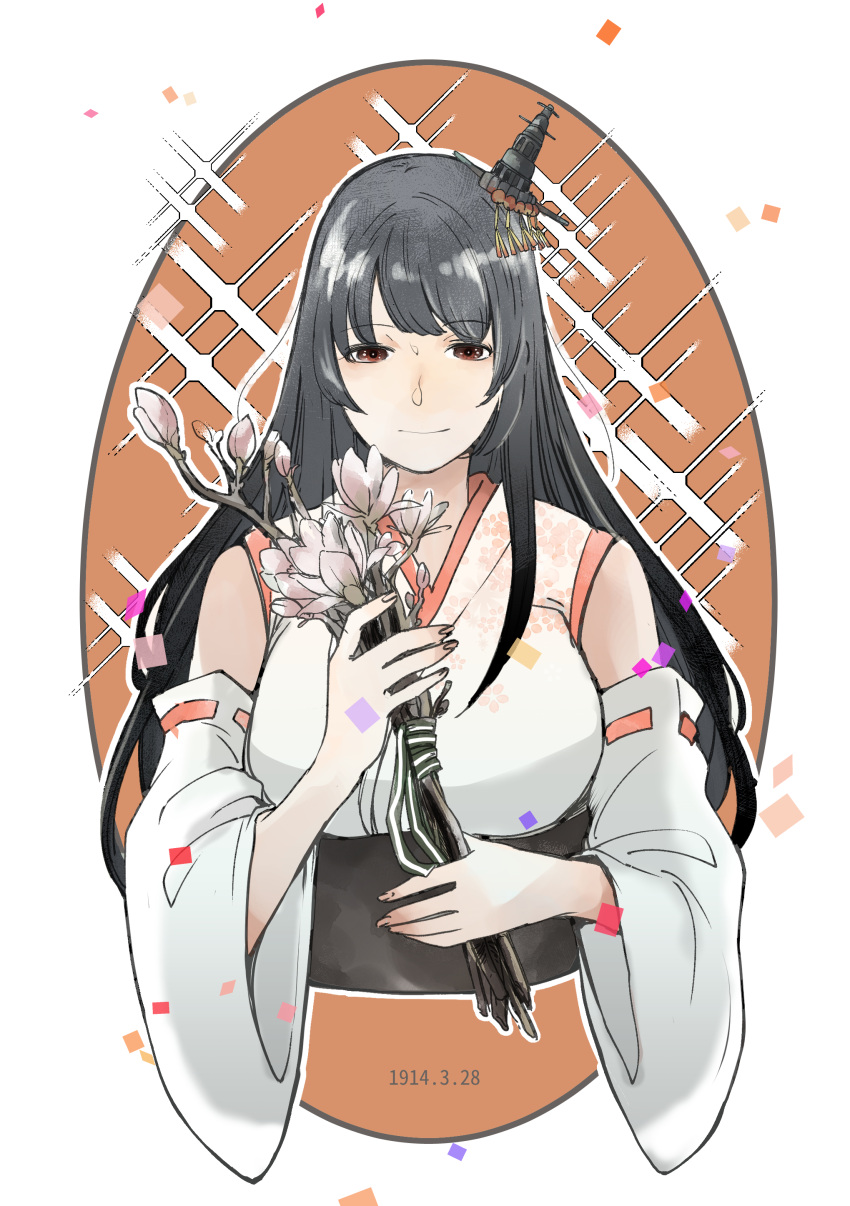 1girl, 2_(f211m289), absurdres, black_hair, bouquet, breasts, commentary_request, cropped_torso, detached_sleeves, fusou_(kancolle), hair_ornament, headgear, highres, holding, kantai_collection, large_breasts, long_hair, looking_at_viewer, red_eyes, solo, straight-on