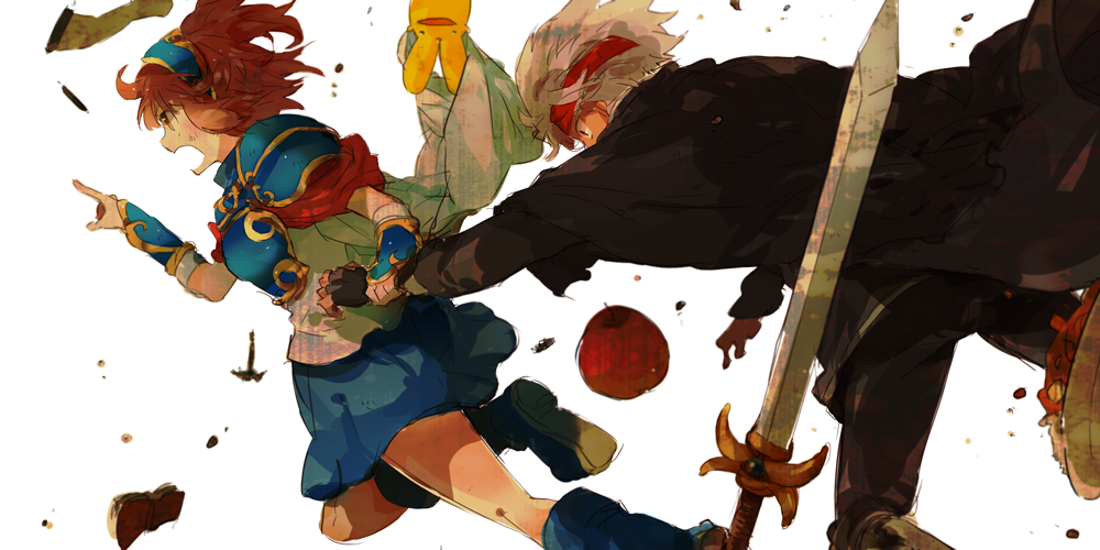 1boy, 1girl, 39acid, apple, arle_nadja, armor, bandana, black_gloves