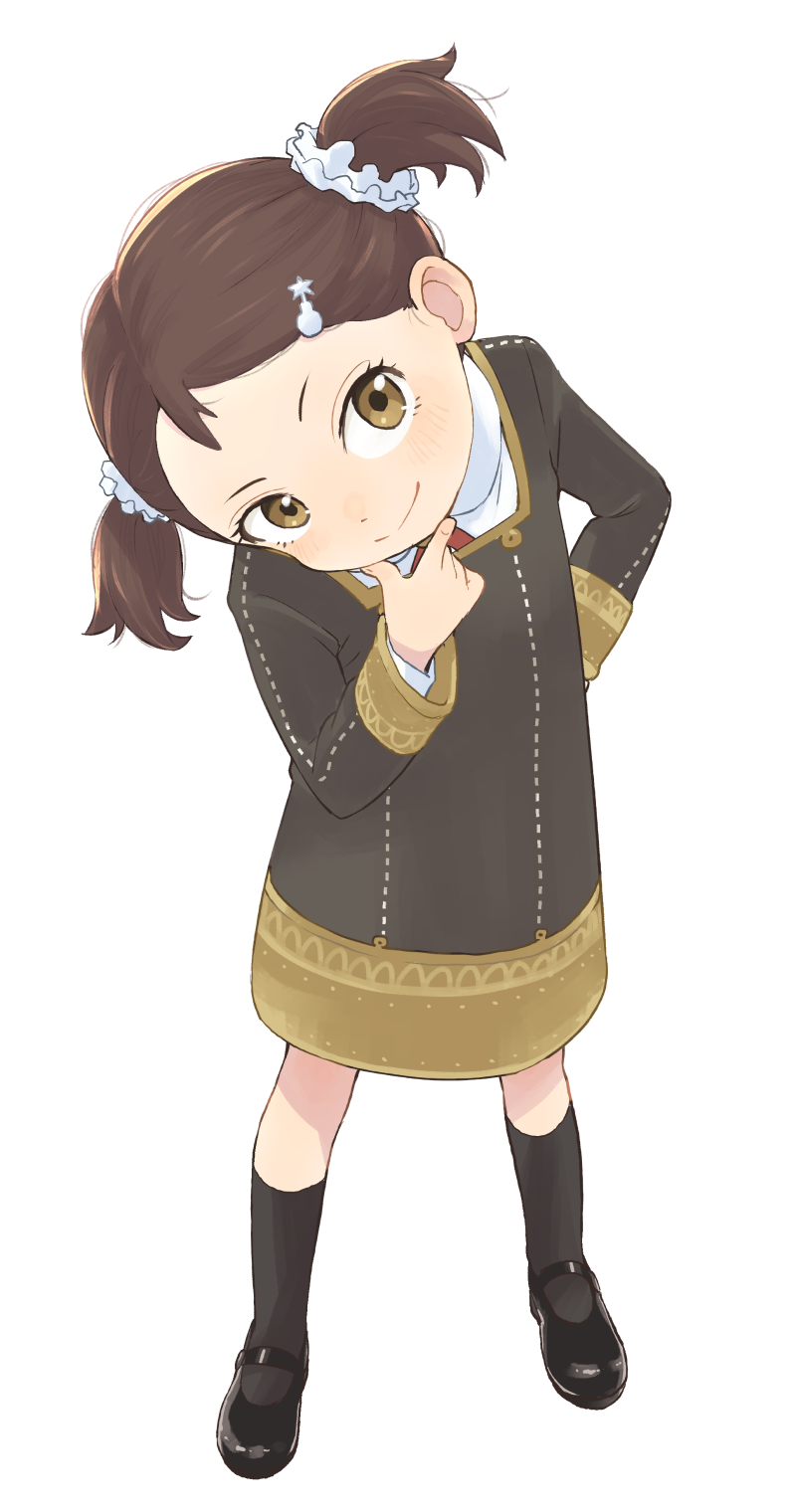 1girl, arm_behind_back, becky_blackbell, black_dress, black_footwear, black_socks, bomb_hair_ornament, brown_eyes, brown_hair, commentary_request, dress, eden_academy_school_uniform, female_child, full_body, gold_trim, hand_on_own_chin, hand_up, head_tilt, highres, looking_at_viewer, mary_janes, neck_ribbon, paid_reward_available, red_ribbon, ribbon, satsuyo, school_uniform, scrunchie, shoes, short_eyebrows, short_hair, simple_background, socks, solo, spy_x_family, twintails, v-shaped_eyebrows, white_background, white_scrunchie