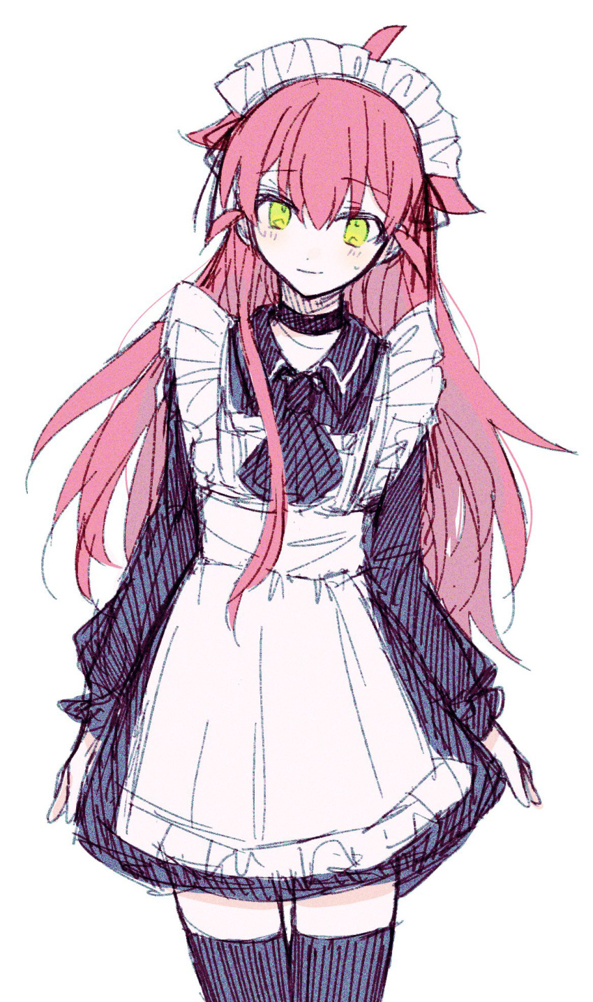 1girl, apron, bakara_(19083210), black_choker, black_thighhighs, blush, choker, closed_mouth