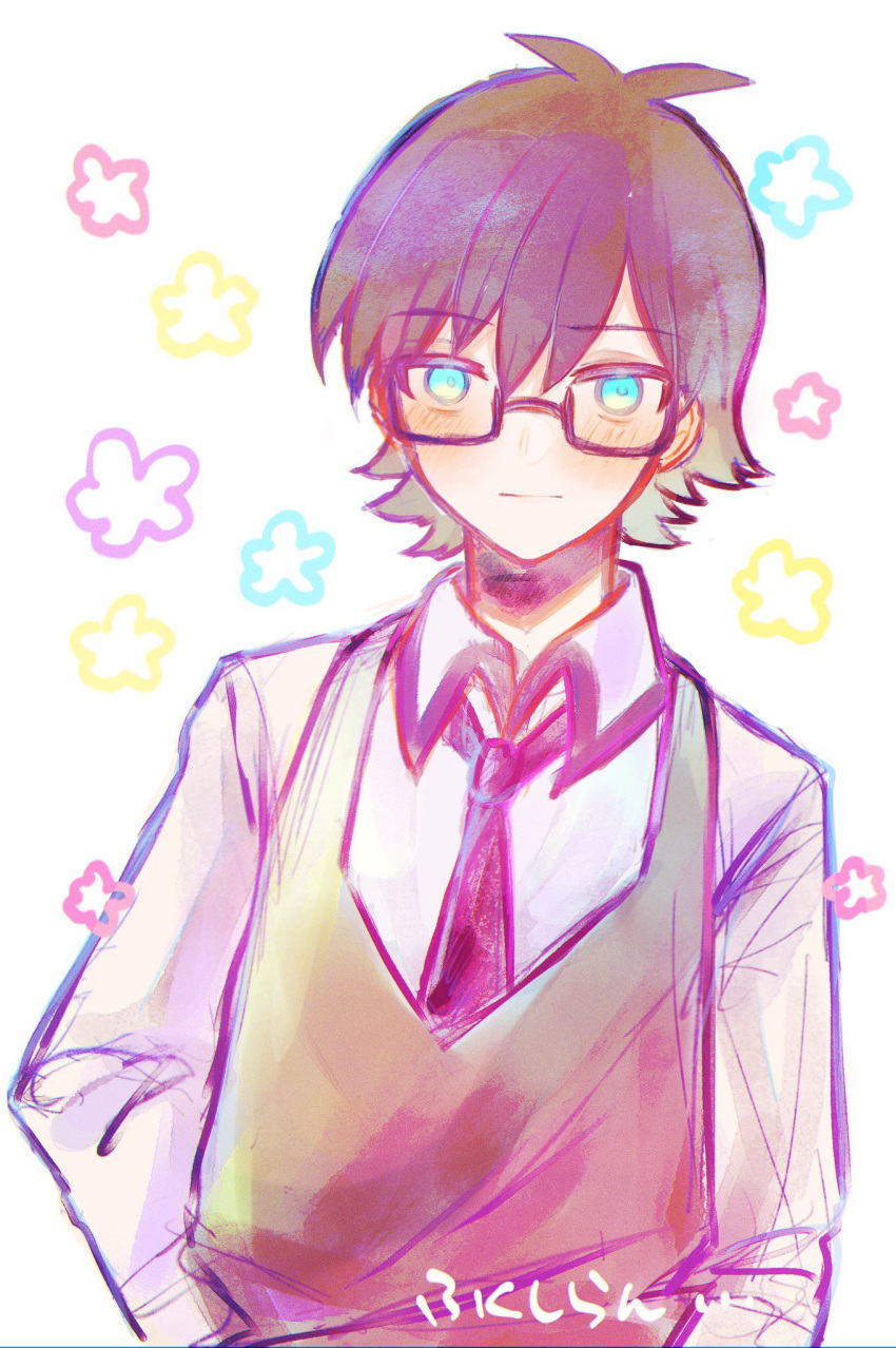 1boy, bakara_(19083210), black_hair, blue_eyes, closed_mouth, collared_shirt, colored_inner_hair, flower_(symbol)