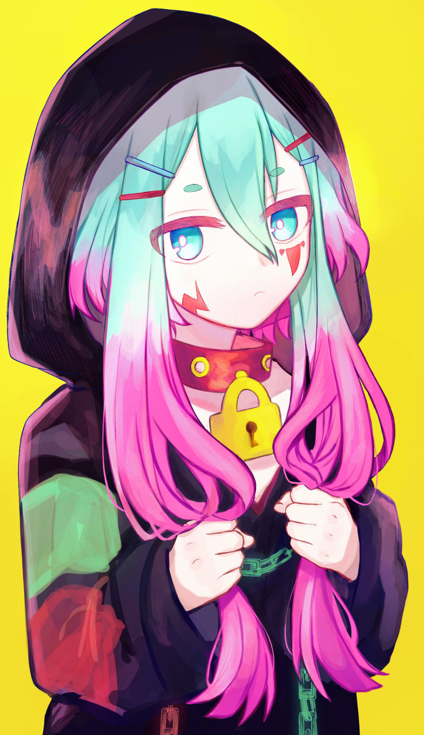 1girl, bakara_(19083210), black_collar, black_jacket, blue_hair, closed_mouth, collar, eve_project_(studio_wasabi), facial_mark, hair_ornament, hairpin, hand_in_own_hair, highres, hikimayu, hood, hood_up, jacket, light_blue_hair, lock, long_hair, long_sleeves, looking_at_viewer, pink_hair, tsunagu_(eve_project), yellow_background