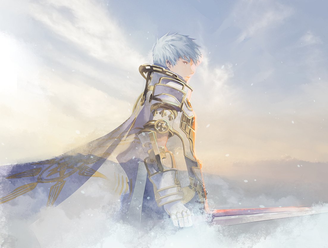 1boy, armor, cape, clouds, cloudy_sky, cofffee, cowboy_shot, facing_to_the_side