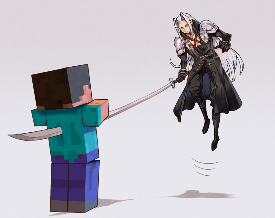 2boys, aqua_eyes, armor, black_footwear, black_gloves, black_jacket, boots, box_body