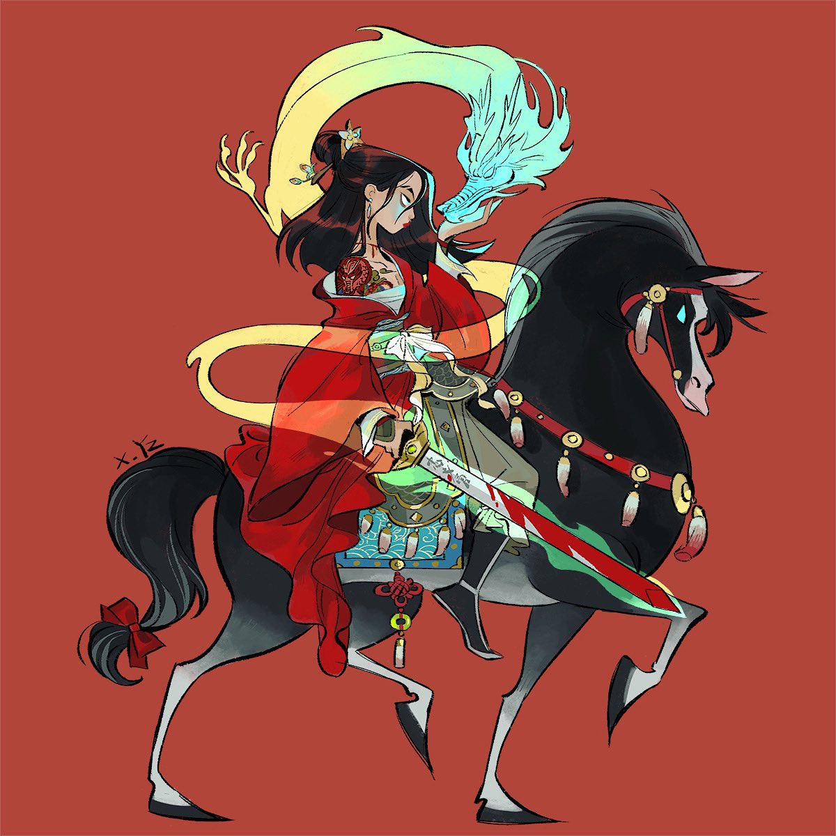 1girl, black_hair, blood, blood_on_weapon, bow, chinese_clothes, dragon, eastern_dragon
