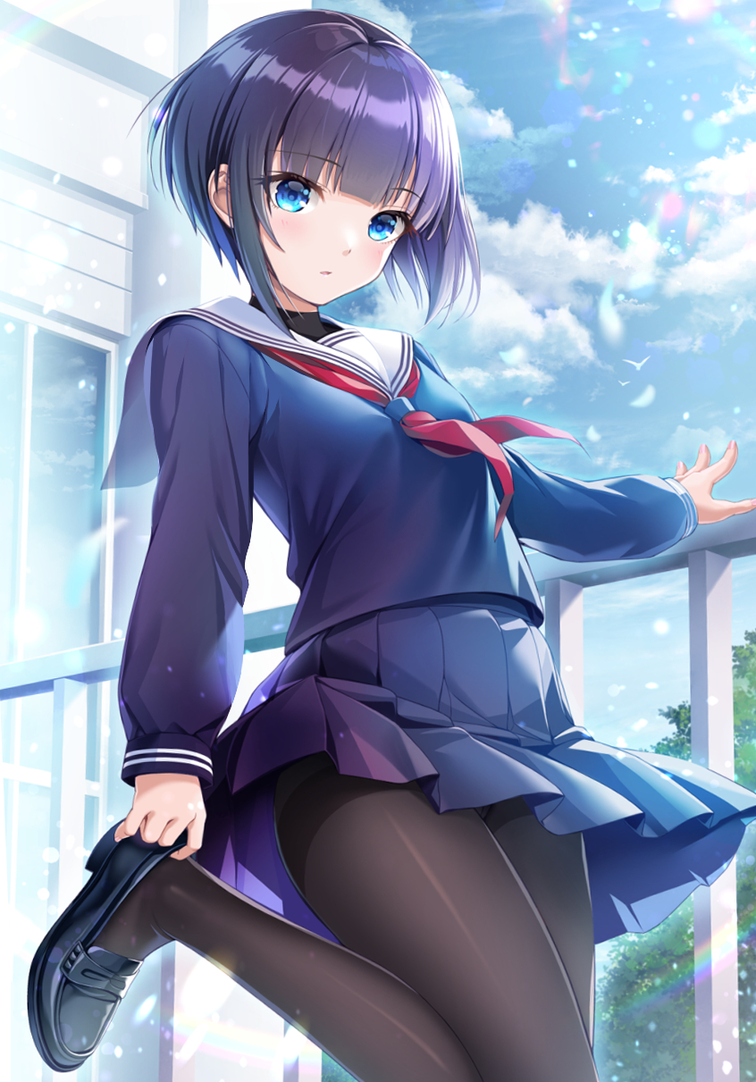 1girl, bird, black_hair, black_pantyhose, black_shirt, blunt_bangs, blush, bob_cut