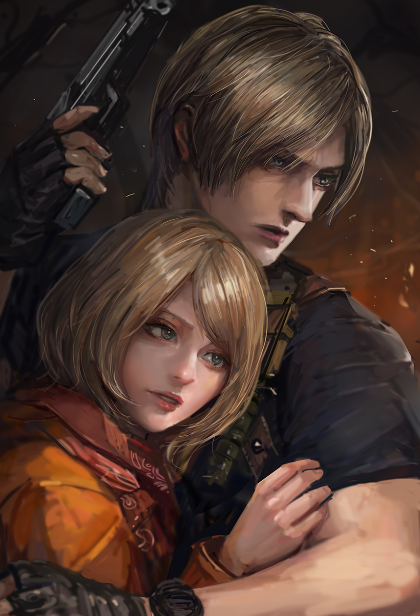1boy, 1girl, ashley_graham, black_gloves, blonde_hair, bob_cut, embers, fingerless_gloves