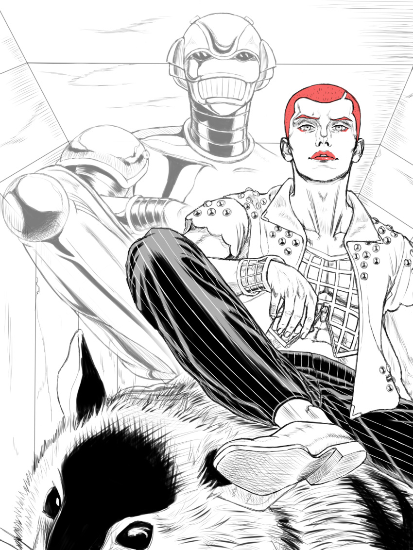2boys, buzz_cut, cup, eyeliner, fishnet_shirt, formaggio, highres, jacket