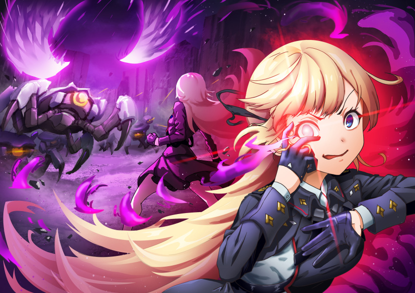 1girl, absurdres, arm_up, black_dress, black_footwear, black_gloves, black_skirt, blonde_hair