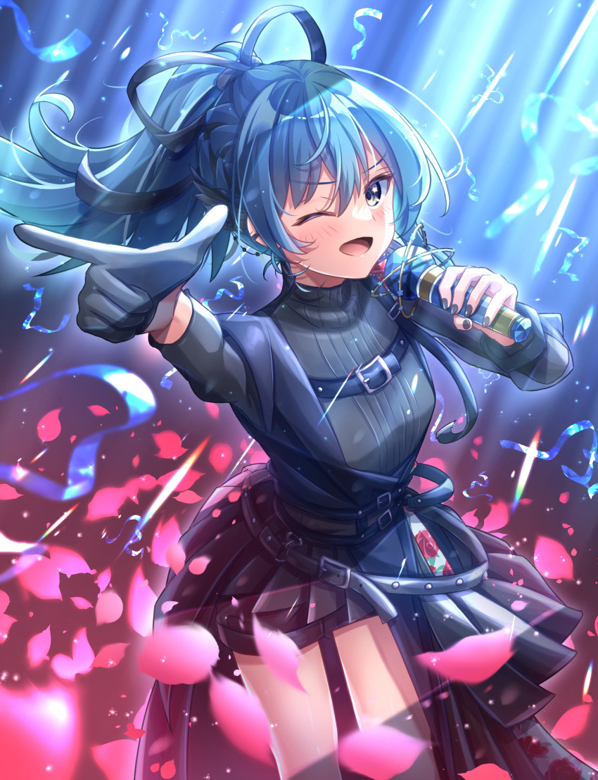1girl, ;d, belt, black_belt, black_gloves, black_nails, black_skirt, blue_eyes, blue_hair, blush, chest_belt, confetti, cowboy, fingernails, gloves, hair_between_eyes, hair_ribbon, highres, holding, holding_microphone, hololive, hoshimachi_suisei, light_rays, long_hair, long_sleeves, looking_at_viewer, microphone, multiple_belts, official_alternate_costume, official_alternate_hairstyle, one_eye_closed, open_mouth, outstretched_arm, overskirt, petals, pointing, ponytail, ribbon, single_glove, skirt, smile, solo, standing, star_(symbol), star_in_eye, suzugame_lost, symbol_in_eye, turtleneck, virtual_youtuber