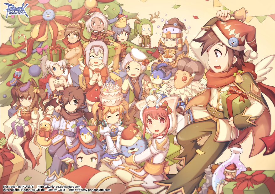 6+boys, 6+girls, arch_bishop_(ragnarok_online), bandaid, bandaid_on_face, bandaid_on_nose, baphomet_(ragnarok_online), bell, belt, black_belt, black_eyes, black_gloves, black_pants, blonde_hair, blue_coat, blue_dress, blue_hair, blue_wings, bow, bowl, bowtie, brown_bow, brown_bowtie, brown_capelet, brown_eyes, brown_hair, brown_hairband, brown_pants, brown_shirt, brown_wings, cake, candy, candy_cane, capelet, christmas, christmas_ornaments, christmas_present, christmas_tree, cleavage_cutout, closed_eyes, closed_mouth, clothing_cutout, coat, commentary_request, cross, cross_necklace, dieter_(ragnarok_online), dress, eating, eggplant, expressionless, filir_(ragnarok_online), fingerless_gloves, food, full_body, genetic_(ragnarok_online), gift, glasses, gloves, green_eyes, green_hair, grey_hair, guillotine_cross_(ragnarok_online), hair_over_one_eye, hairband, hat, head_wings, headphones, headphones_around_neck, high_priest_(ragnarok_online), holding, holding_bell, holding_bowl, holding_gift, jacket, jewelry, juliet_sleeves, kunknee, logo, long_hair, long_sleeves, looking_at_another, looking_at_viewer, medium_hair, multiple_boys, multiple_girls, necklace, official_alternate_costume, one_eye_closed, open_mouth, pants, pink_bow, ponytail, puffy_sleeves, ragnarok_online, ranger_(ragnarok_online), red_bow, red_dress, red_eyes, red_scarf, redhead, royal_guard_(ragnarok_online), rubber_duck, sailor_hat, santa_hat, sarashi, sash, scarf, seal_(ragnarok_online), shirt, shoes, short_hair, smile, snowman, snowysnow_(ragnarok_online), soul_linker_(ragnarok_online), soup, summoner_(ragnarok_online), sura_(ragnarok_online), thigh-highs, tree, twintails, two-tone_dress, v, web_address, white_dress, white_footwear, white_hair, white_headwear, white_jacket, white_pants, white_thighhighs, white_wings, wings, yellow_sash