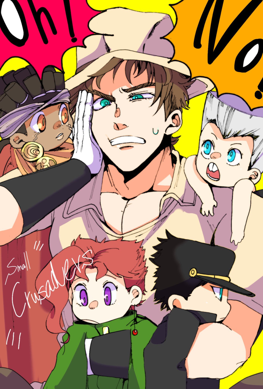 418monami, 5boys, age_regression, aged_down, black_hair, blue_eyes, brown_eyes, brown_hair