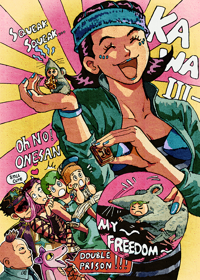 ^_^, alligator, animal_costume, black_hair, blue_lips, charlotte_(jojo), chocolate, closed_eyes