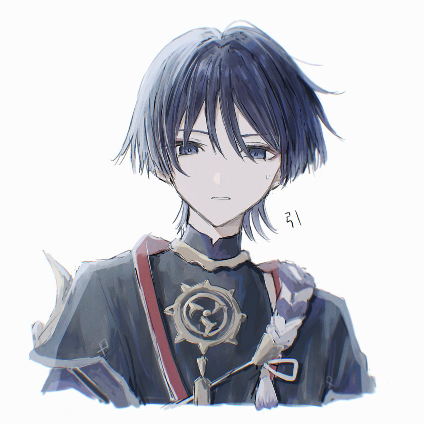 1boy, 41_tr, belt, blue_eyes, blue_hair, blunt_ends, dark_blue_hair, eyeshadow, genshin_impact, gold, highres, japanese_clothes, looking_at_viewer, makeup, male_focus, mandarin_collar, no_headwear, portrait, purple_belt, red_eyeliner, red_eyeshadow, scaramouche_(genshin_impact), short_hair, simple_background, solo, white_background