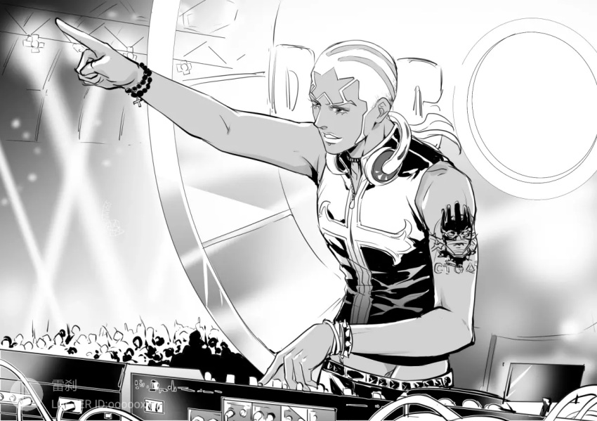 1boy, adapted_costume, arm_tattoo, bracelet, buzz_cut, concert, cross_bracelet, crowd