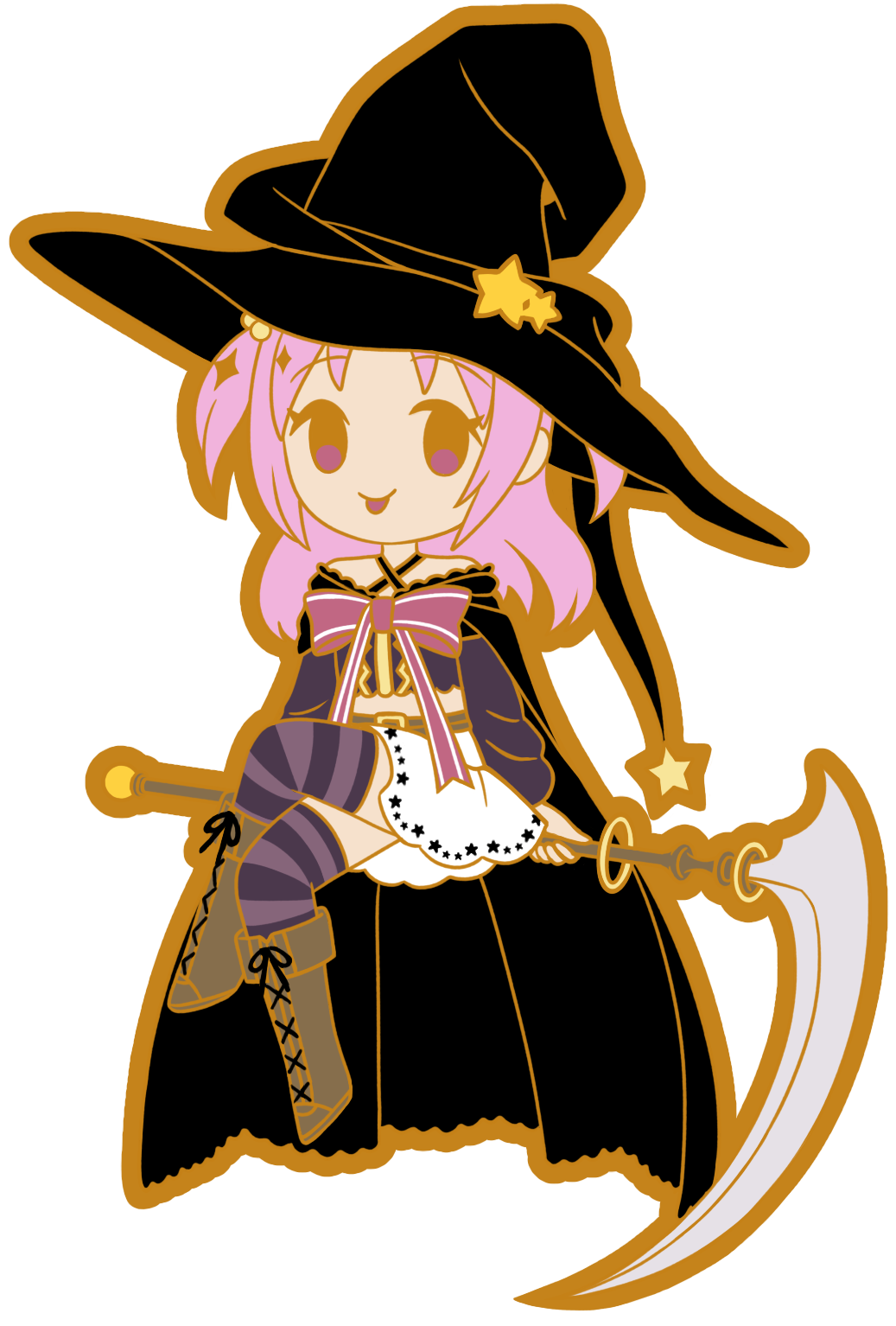 1girl, arm_warmers, belt, black_cape, black_headwear, brown_belt, brown_footwear, cape, chibi, criss-cross_halter, crop_top, cross-laced_footwear, detached_sleeves, fold-over_boots, full_body, halterneck, hat, highres, ichigobellbell, looking_at_viewer, magia_record:_mahou_shoujo_madoka_magica_gaiden, magical_girl, mahou_shoujo_madoka_magica, medium_hair, misono_karin, parted_bangs, pink_ribbon, print_skirt, purple_hair, purple_thighhighs, ribbon, scythe, sitting, skirt, smile, solo, star_(symbol), star_print, striped, striped_thighhighs, thigh-highs, two_side_up, violet_eyes, white_skirt, witch_hat