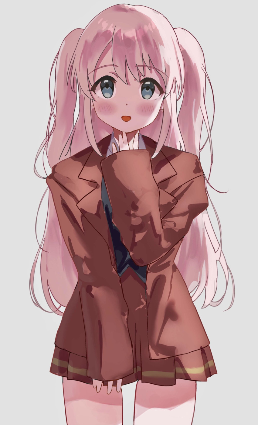 1girl, :d, absurdres, black_vest, blue_eyes, blush, collared_shirt, cowboy_shot, grey_background, hand_up, highres, jacket, long_hair, long_sleeves, looking_at_viewer, midori_usagi, miniskirt, nonomiya_lalafin, open_clothes, open_jacket, parted_lips, pink_hair, pleated_skirt, red_jacket, red_skirt, school_uniform, shirt, shoujo_kageki_revue_starlight, shoujo_kageki_revue_starlight_-re_live-, sidelocks, simple_background, skirt, sleeves_past_wrists, smile, solo, standing, two_side_up, very_long_hair, vest, white_shirt