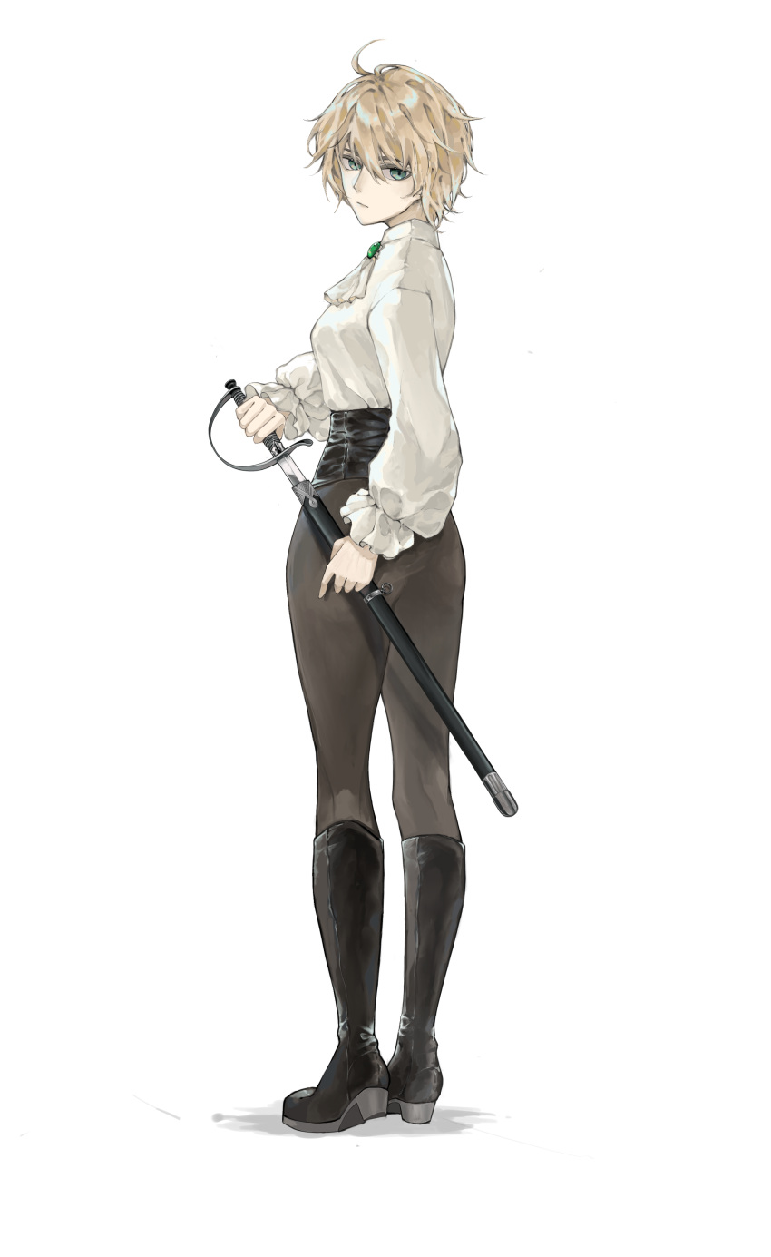 1girl, absurdres, black_footwear, blonde_hair, boots, brown_pants, chinese_commentary, commentary_request