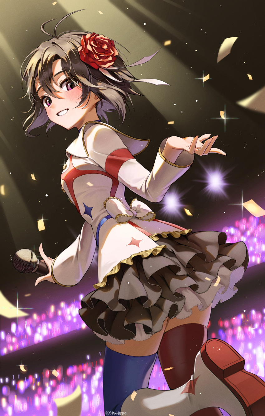 absurdres, antenna_hair, asymmetrical_legwear, black_hair, black_skirt, blush, breasts, confetti