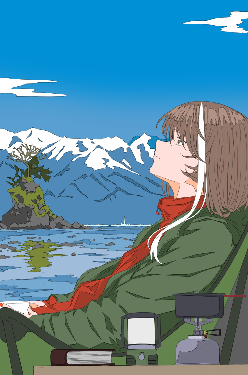 1girl, absurdres, asu_(sinsekai), bare_tree, blue_sky, book, brown_hair, camping_chair