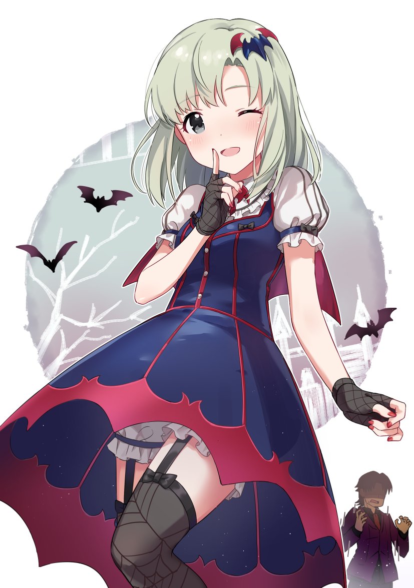 1girl, bare_tree, bat_(animal), bat_wings, black_thighhighs, blue_dress, blush, breasts