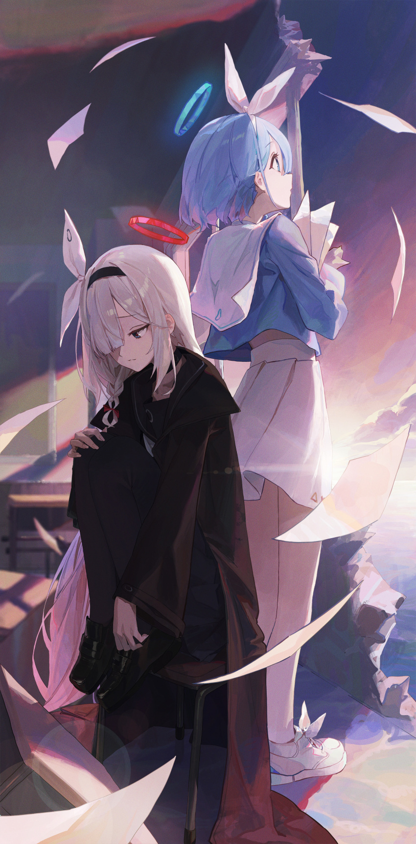 2girls, a.r.o.n.a_(blue_archive), absurdres, arona_(blue_archive), back-to-back, black_choker, black_coat, black_eyes