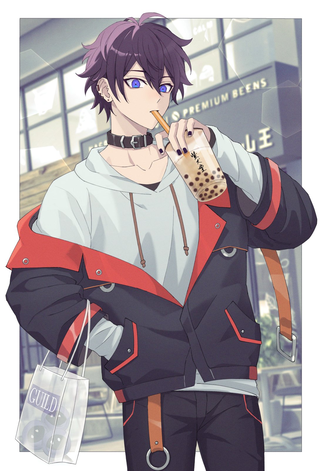 1boy, bag, black_jacket, black_pants, blanc1771, blue_eyes, bubble_tea, collar