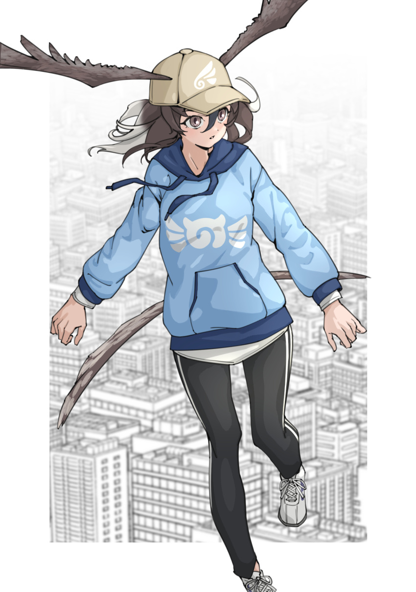 1girl, absurdres, baseball_cap, bird_tail, black_hair, black_pants, blue_hoodie, brown_eyes