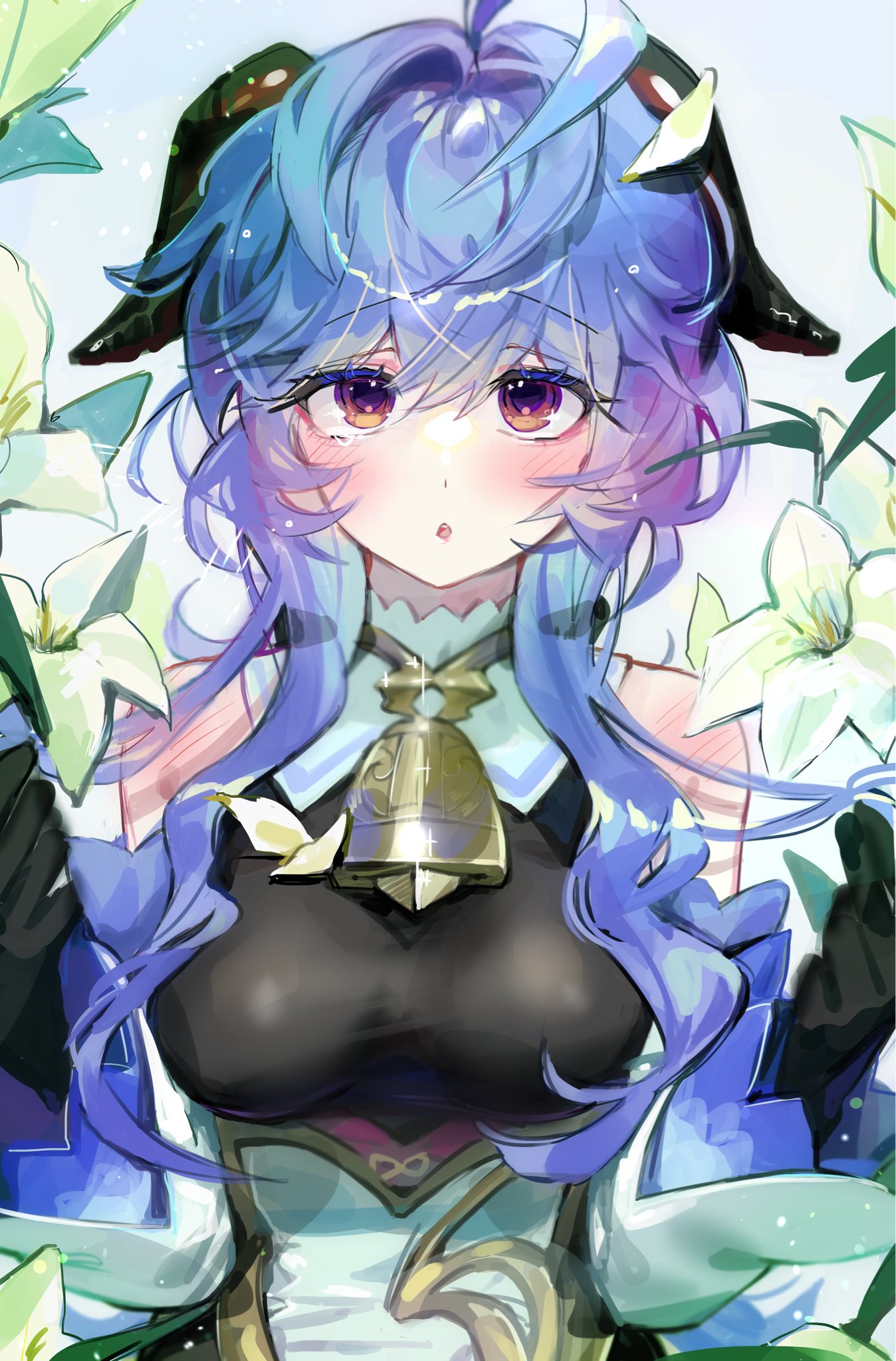 1girl, :o, bare_shoulders, bell, black_gloves, blue_hair, blush, breasts, detached_sleeves, flower, ganyu_(genshin_impact), genshin_impact, gloves, gyachomu, highres, horns, long_hair, looking_at_viewer, medium_breasts, neck_bell, sidelocks, solo, upper_body, violet_eyes, white_flower, white_sleeves