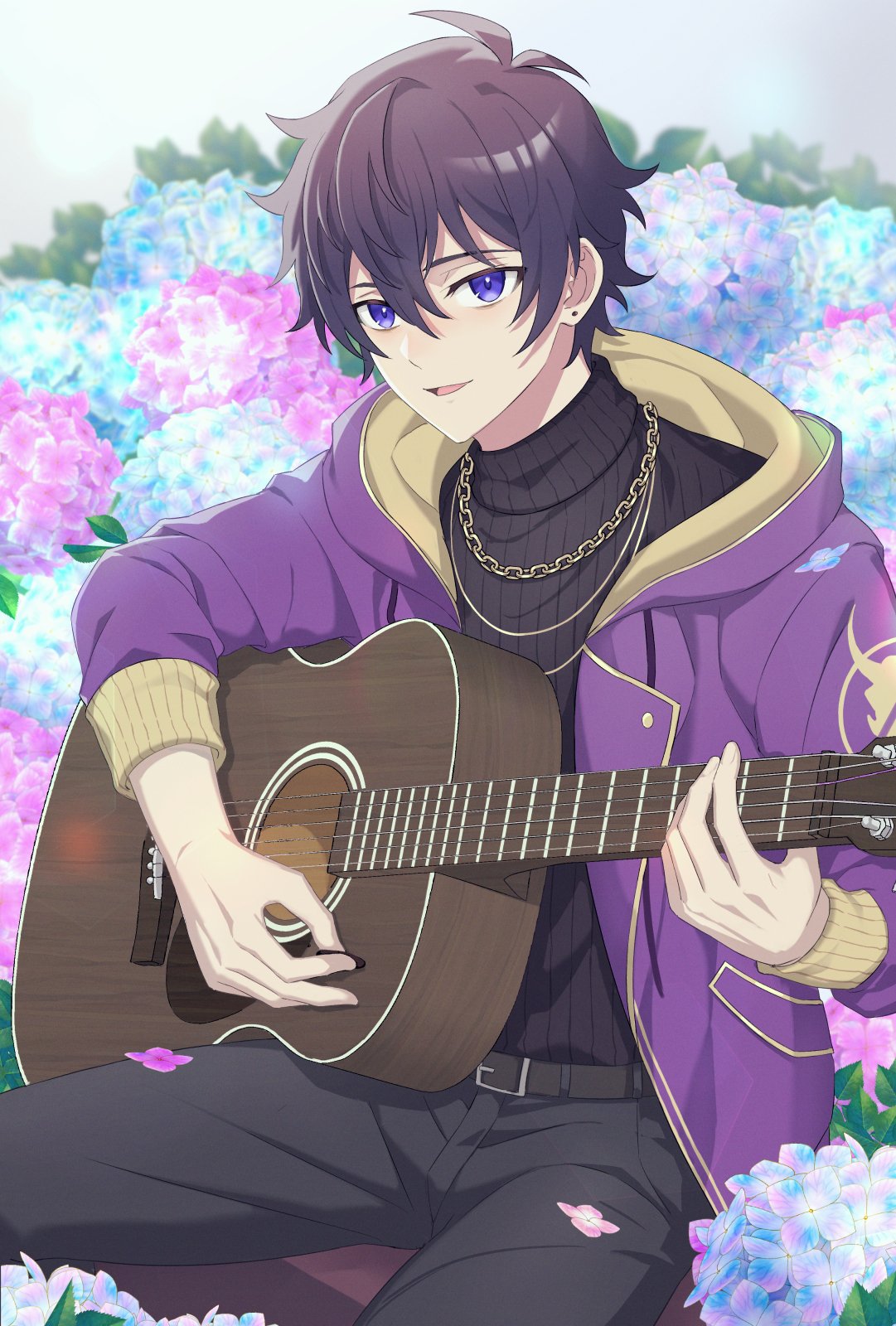 1boy, belt, black_hair, black_pants, black_sweater, blanc1771, chain_necklace, earrings, flower, guitar, highres, holding, holding_instrument, hydrangea, indie_virtual_youtuber, instrument, jacket, jewelry, long_sleeves, looking_at_viewer, male_focus, music, necklace, open_mouth, pants, playing_instrument, purple_jacket, short_hair, shoto_(vtuber), smile, solo, sweater, violet_eyes, virtual_youtuber