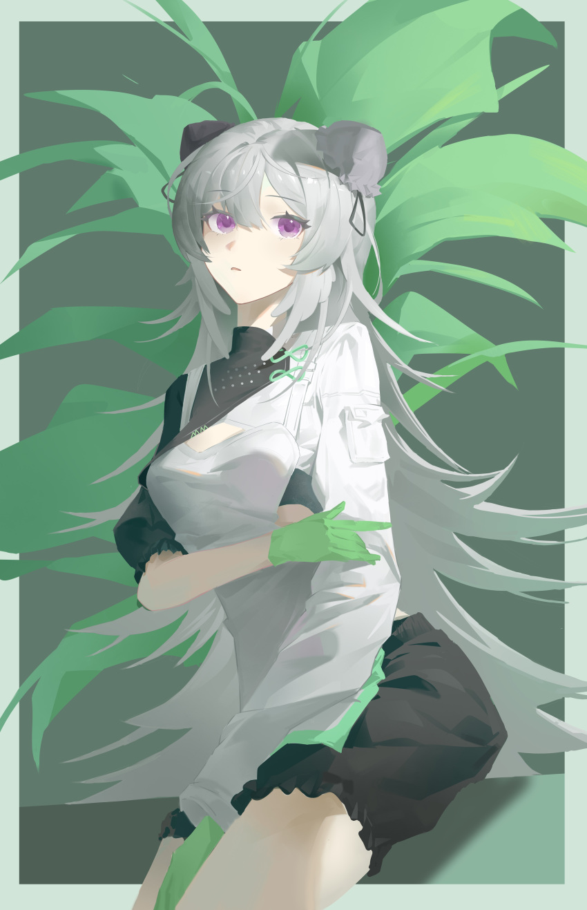1girl, absurdres, arknights, asymmetrical_sleeves, black_shirt, black_shorts, bun_cover, chinese_commentary