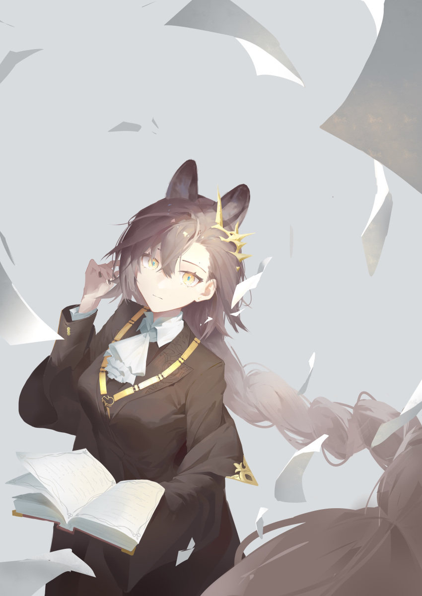 1girl, absurdres, animal_ears, arknights, ascot, black_jacket, book, braid