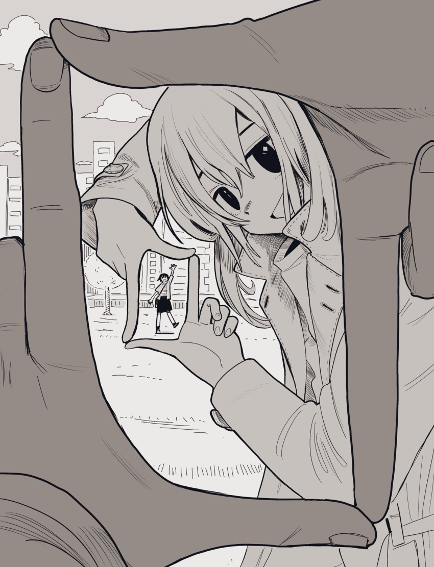 1other, 2girls, arm_up, bag, building, clouds, coat, day